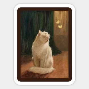 Painting of a white cat looking at butterflies Sticker